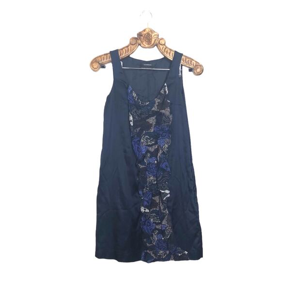 Club Monaco Dress Silk Shift Patterned Ruffle Front Blue Navy Sleeveless 2 - Picture 1 of 7